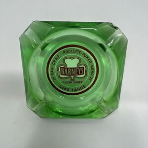 Vtg Barney’s Casino Lake Tahoe Ashtray Green Glass Square South Shore Memorabili
